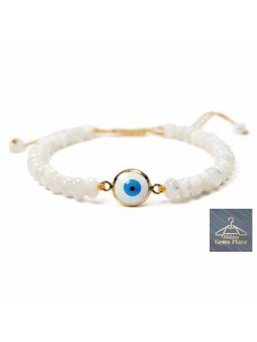 Handmade Evil Eye Bracelet – White Mother of Pearl Beads with Gold-Plated Charm